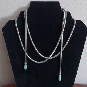 Continuous Snake Silver Tone Chain with Green Stone Ends Necklace